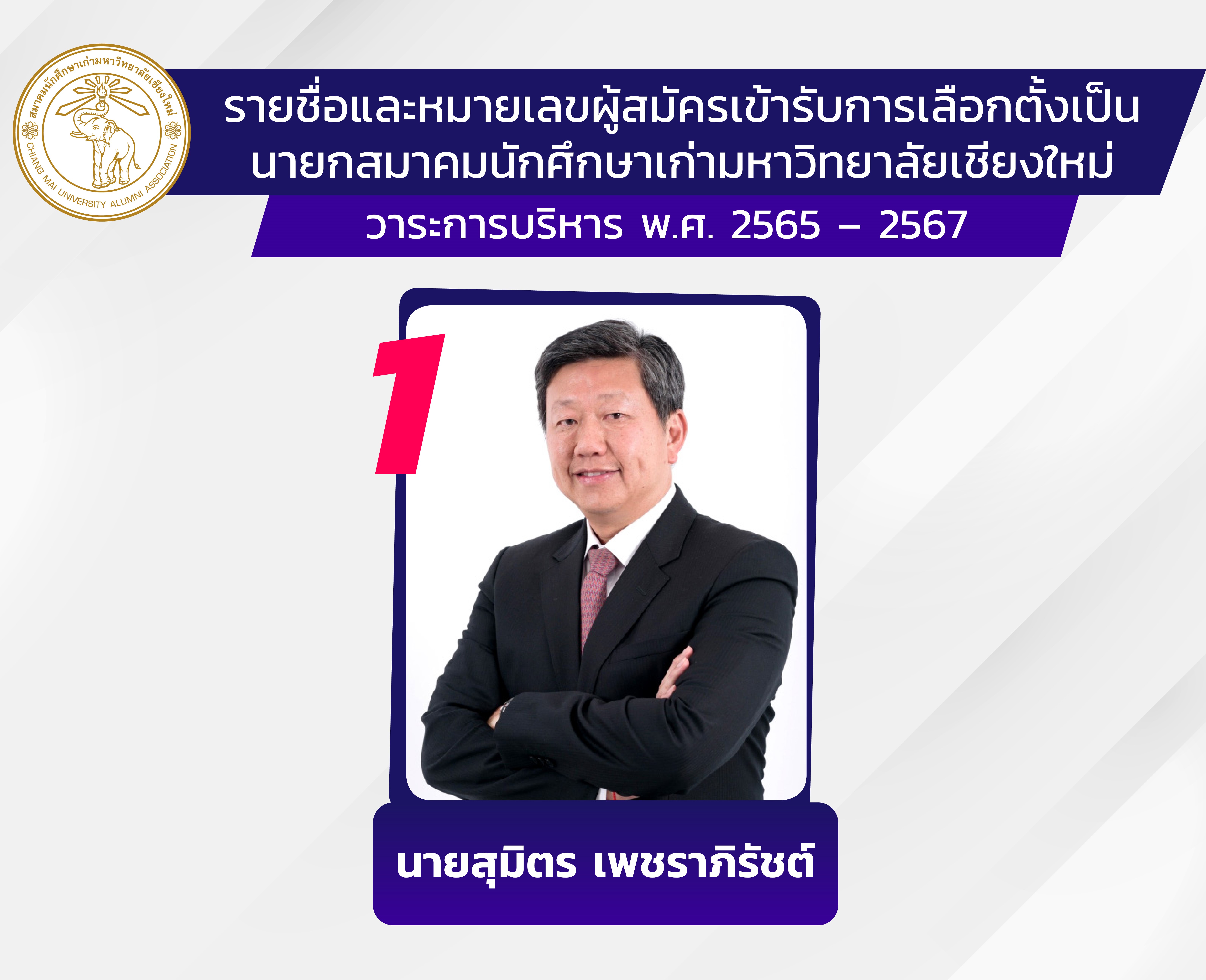 ประกาศรายชื่อและหมายเลขผู้เข้ารับสมัครการเลือกตั้งเป็นนายกสมาคมนักศึกษาเก่ามหาวิทยาลัยเชียงใหม่ วาระการบริหาร พ.ศ.2565-2567